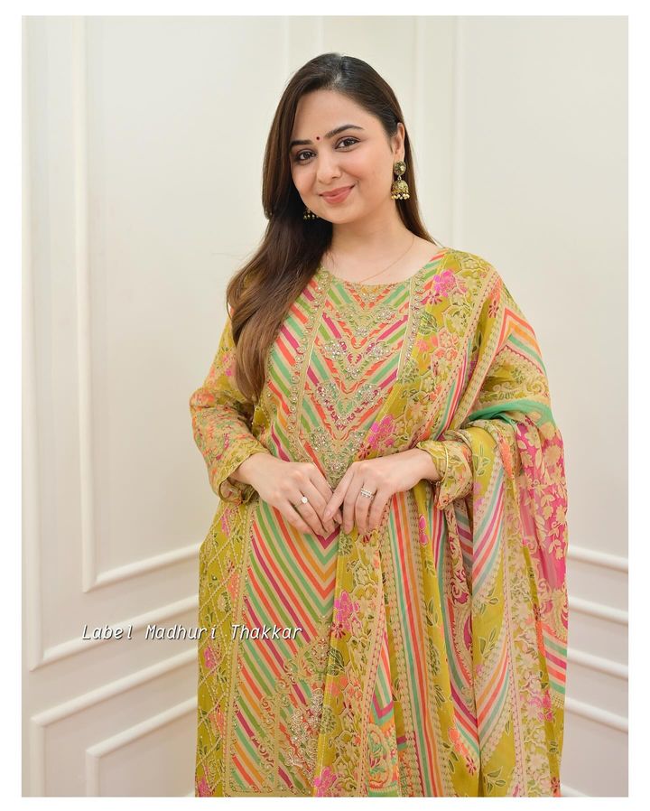 GREENISH YELLOW MIRROR HANDWORK ORGANZA SUIT SET