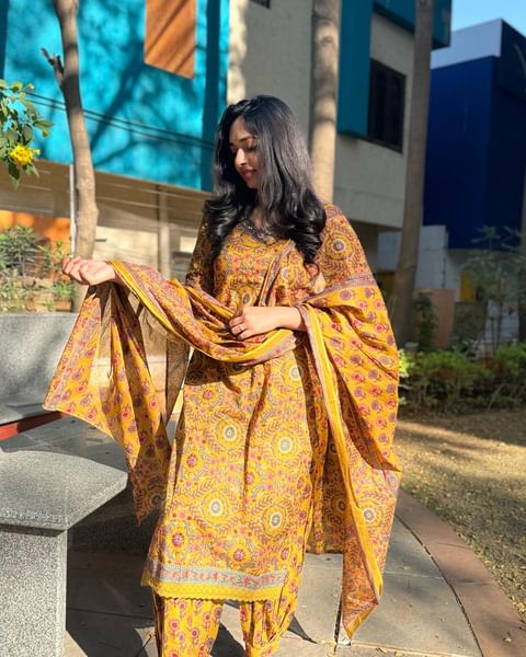 MUSTARD FLORAL PRINT AFGHANI SUIT SET