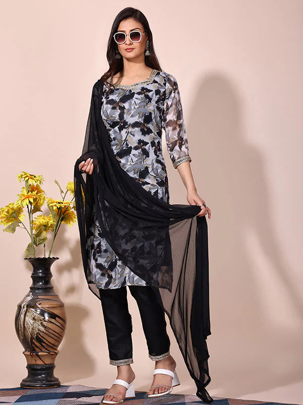 Black Floral Printed Kurti With Pant & Dupatta Set