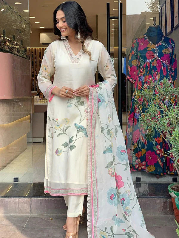 White Organza Printed Kurti With Pant & Dupatta Set