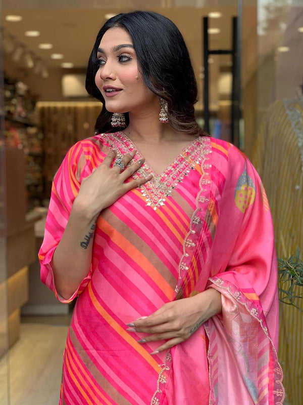 Laheriya Printed Viscose Kurti With Pant & Dupatta Set