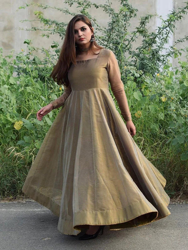 Bronze Gold Lama Anarkali Gown With Dupatta Set