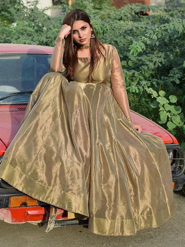 Bronze Gold Lama Anarkali Gown With Dupatta Set