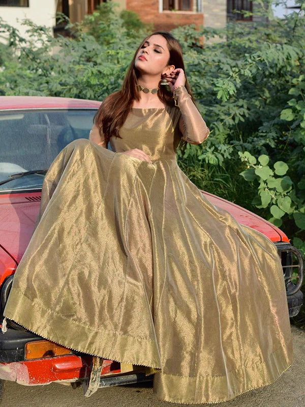 Bronze Gold Lama Anarkali Gown With Dupatta Set