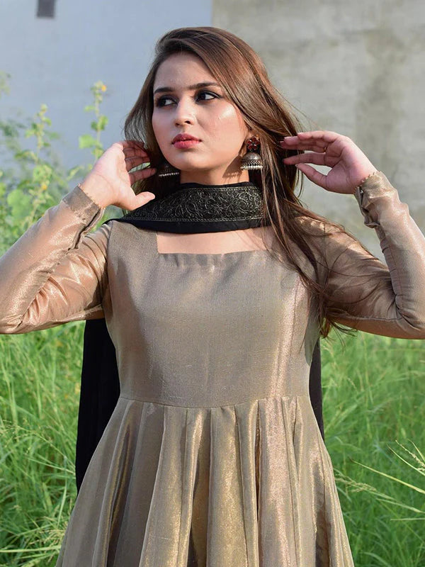 Bronze Gold Lama Anarkali Gown With Dupatta Set