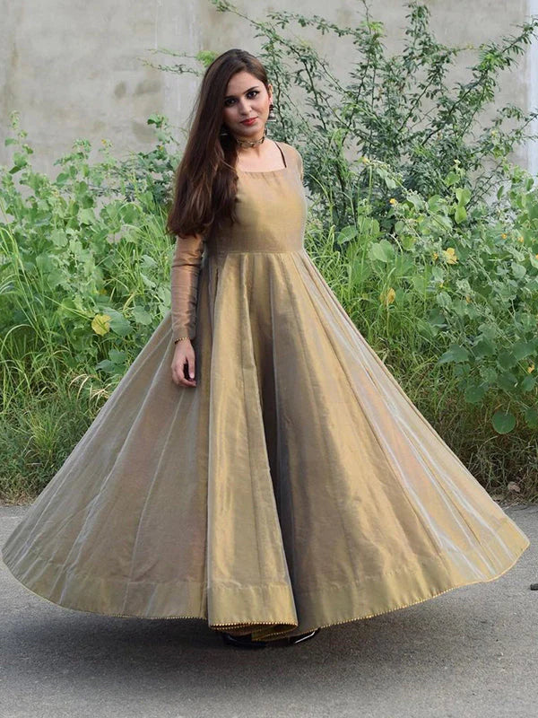 Bronze Gold Lama Anarkali Gown With Dupatta Set