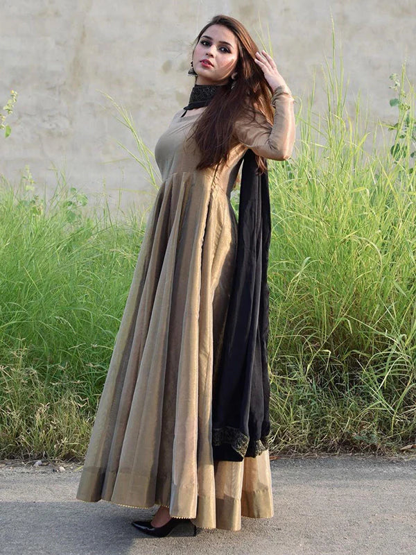 Bronze Gold Lama Anarkali Gown With Dupatta Set