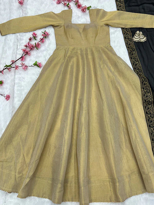 Bronze Gold Lama Anarkali Gown With Dupatta Set