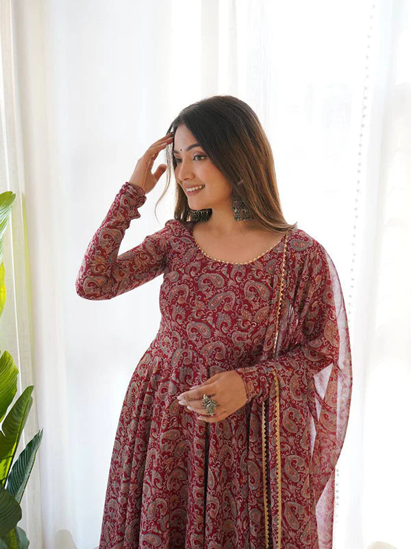 Maroon Fulwari Organza Printed Anarkali Kurti With Pant & Dupatta Set