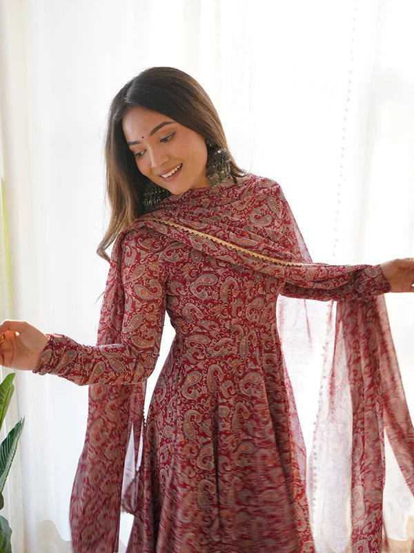 Maroon Fulwari Organza Printed Anarkali Kurti With Pant & Dupatta Set