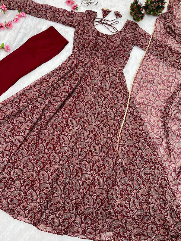 Maroon Fulwari Organza Printed Anarkali Kurti With Pant & Dupatta Set