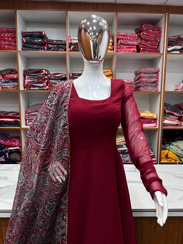 Maroon Georgette Anarkali Kurti With Pant & Dupatta Set
