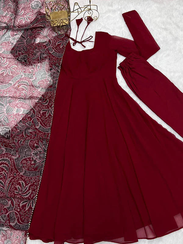 Maroon Georgette Anarkali Kurti With Pant & Dupatta Set
