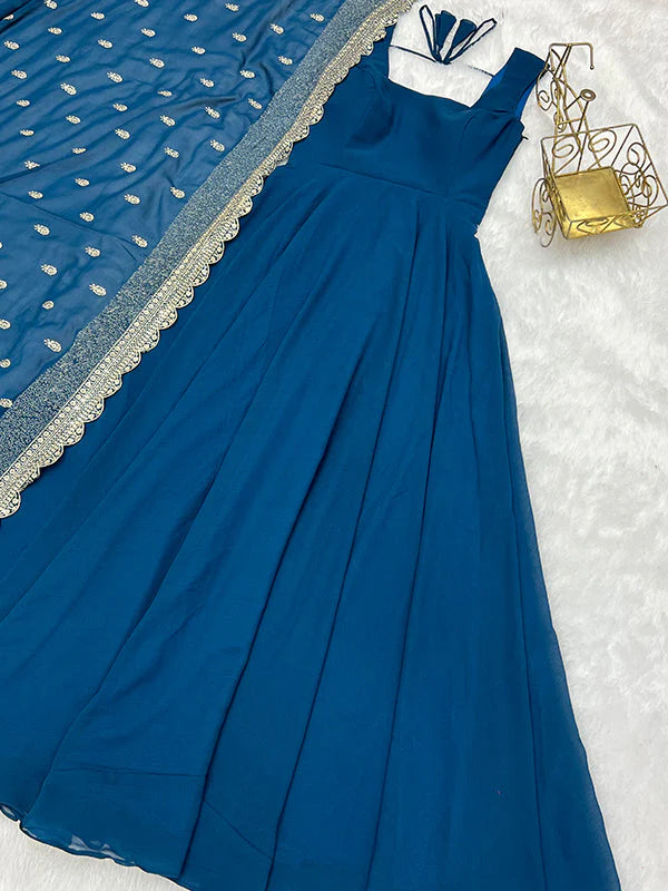 Rama Blue Anarkali Georgette Gown With Golden Dupatta Set