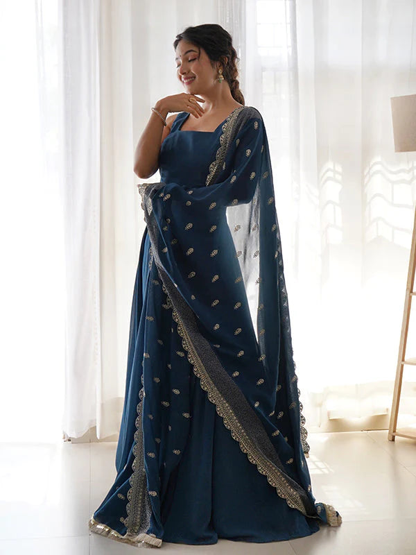 Rama Blue Anarkali Georgette Gown With Golden Dupatta Set
