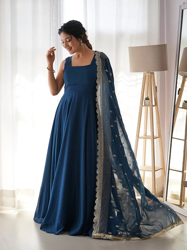 Rama Blue Anarkali Georgette Gown With Golden Dupatta Set
