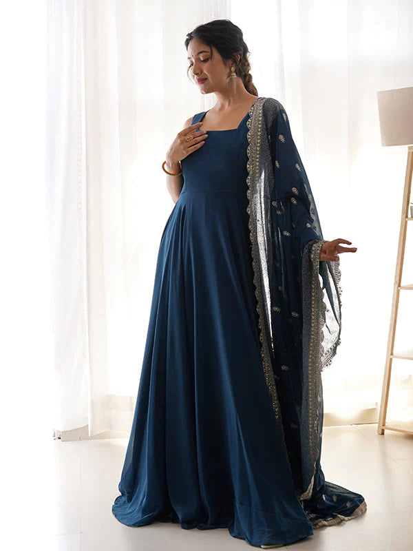 Rama Blue Anarkali Georgette Gown With Golden Dupatta Set
