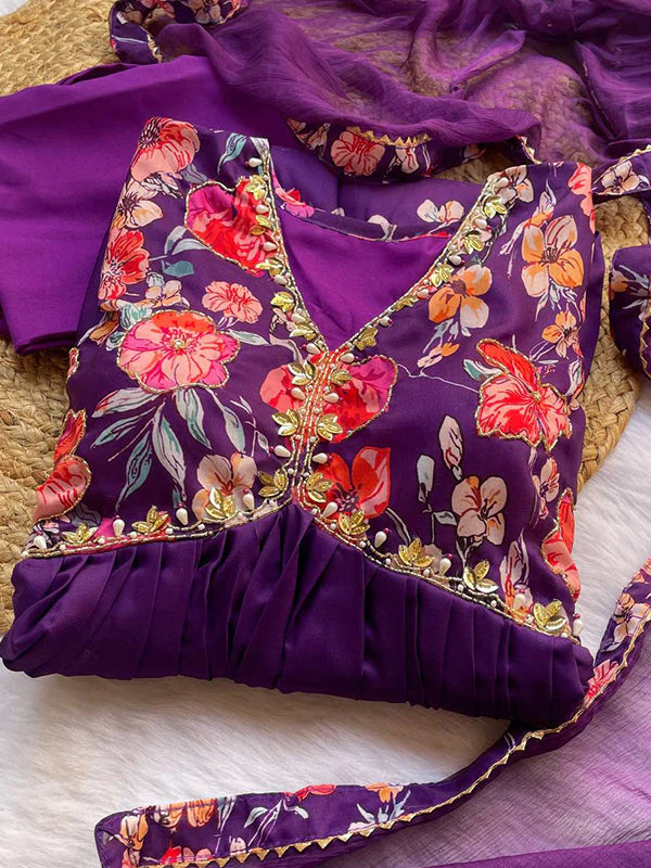 Dark Purple Muslin Floral Alia Cut Printed Suit Set