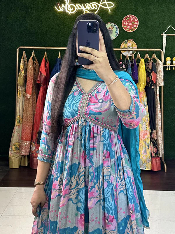 Sky Muslin Floral Alia Cut Printed Suit Set