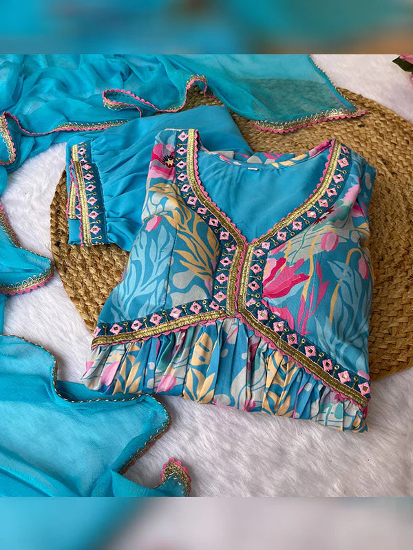 Sky Muslin Floral Alia Cut Printed Suit Set