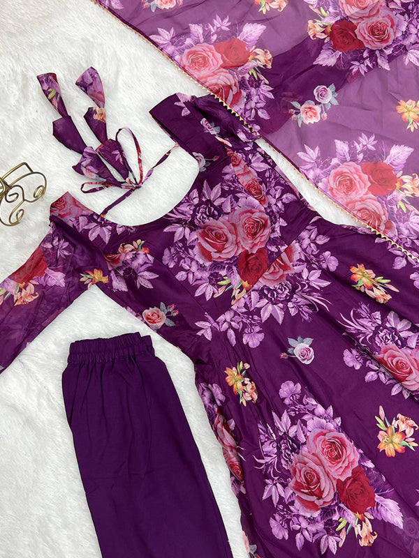 Purple Organza Printed Anarkali Gown With Pant & Dupatta Set
