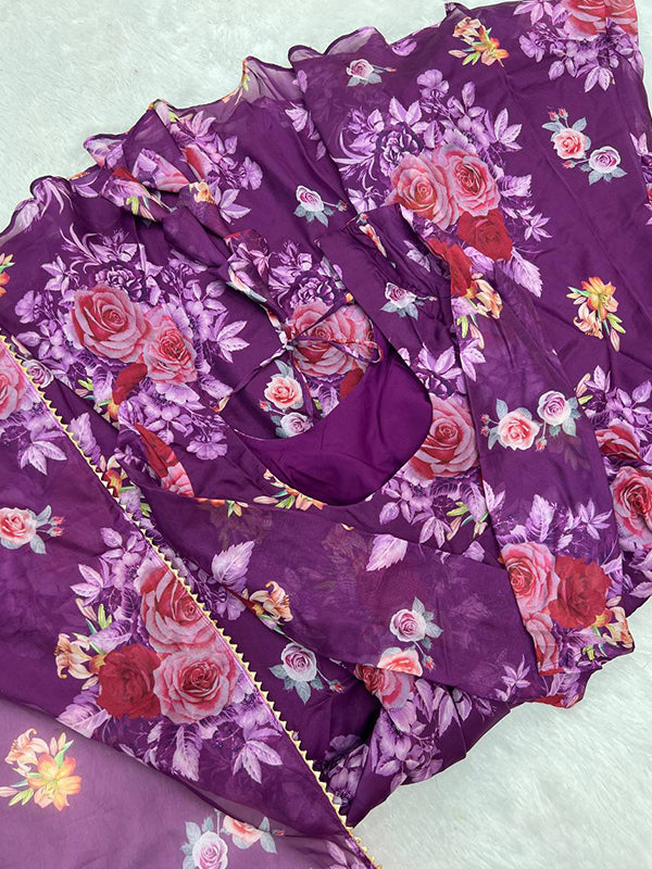 Purple Organza Printed Anarkali Gown With Pant & Dupatta Set