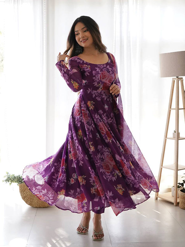 Purple Organza Printed Anarkali Gown With Pant & Dupatta Set