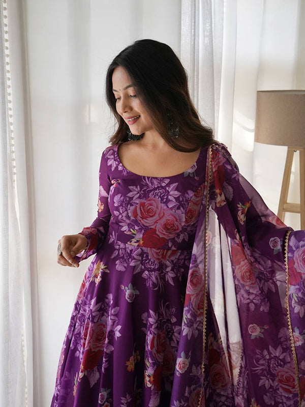 Purple Organza Printed Anarkali Gown With Pant & Dupatta Set