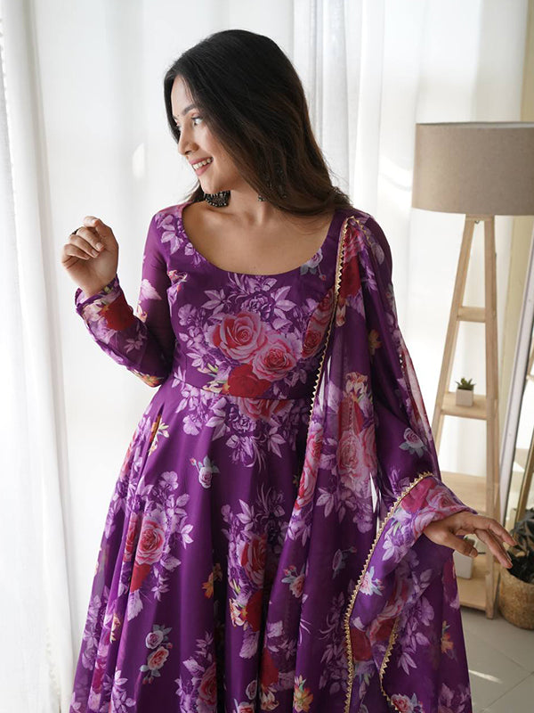 Purple Organza Printed Anarkali Gown With Pant & Dupatta Set