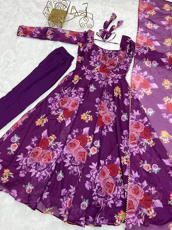Purple Organza Printed Anarkali Gown With Pant & Dupatta Set