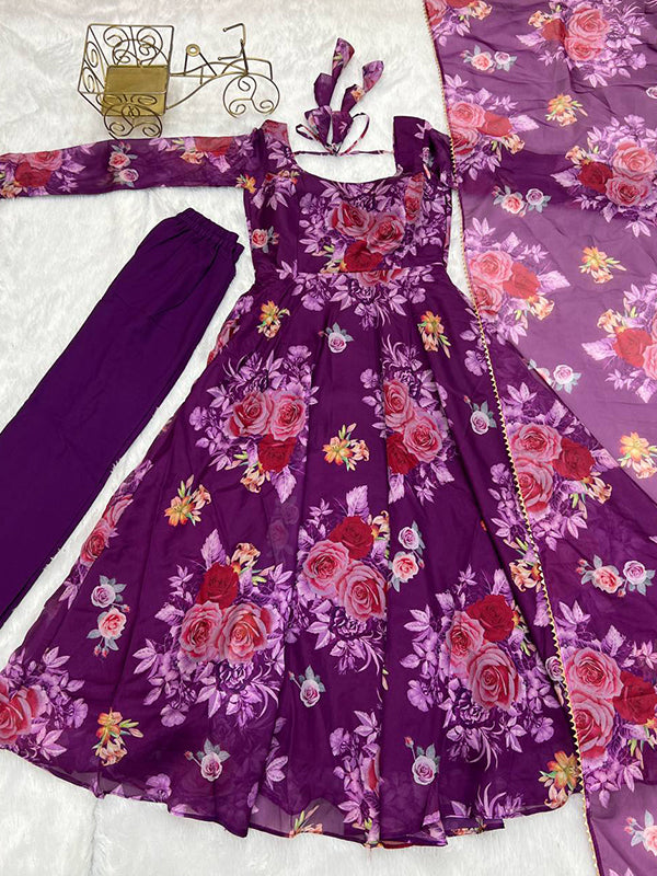 Purple Organza Printed Anarkali Gown With Pant & Dupatta Set