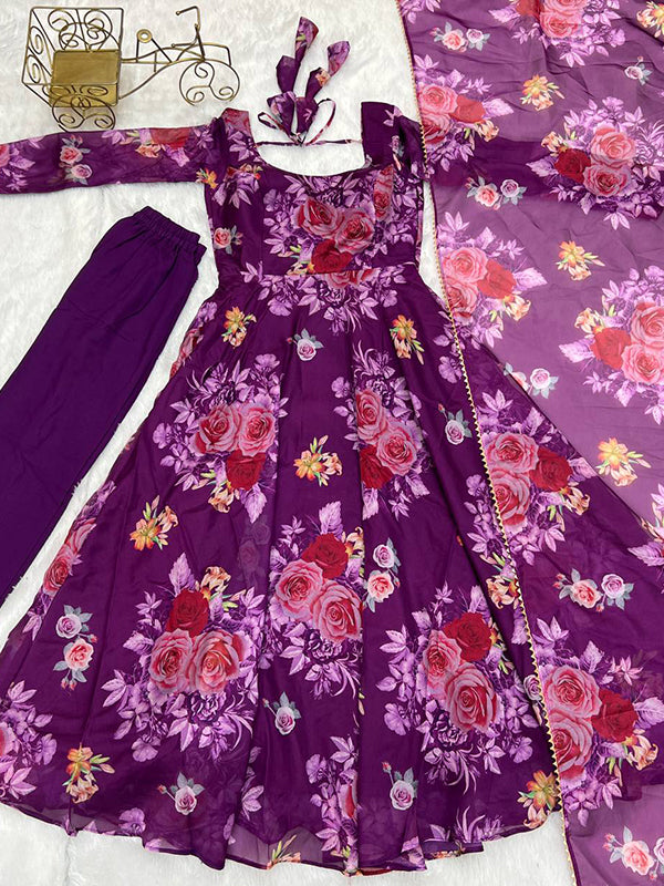 Purple Organza Printed Anarkali Gown With Pant & Dupatta Set