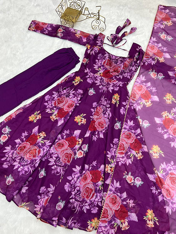 Purple Organza Printed Anarkali Gown With Pant & Dupatta Set