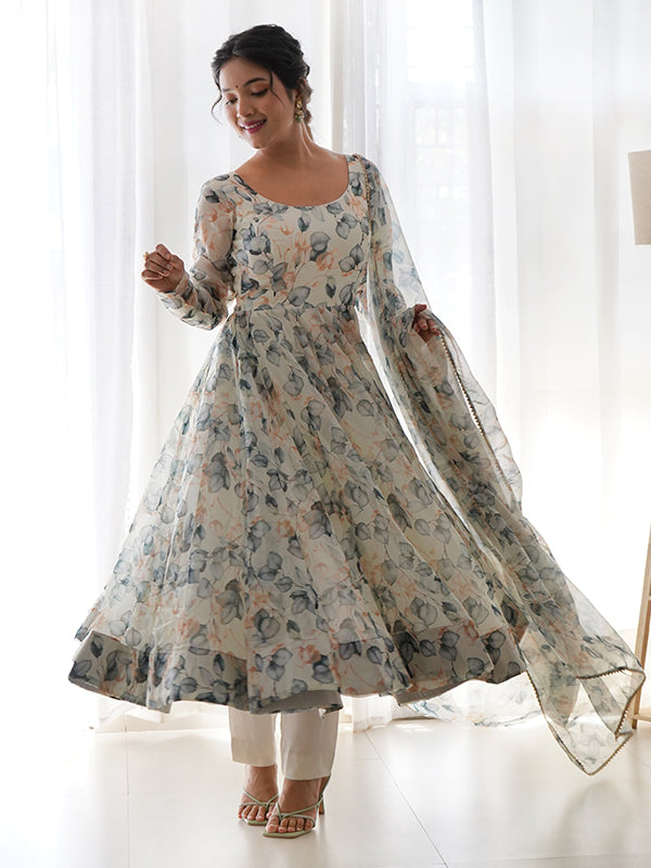 White Organza Printed Anarkali Gown With Pant & Dupatta Set