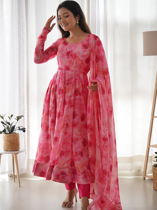 Light Pink Organza Printed Anarkali Kurti With Pant & Dupatta Set