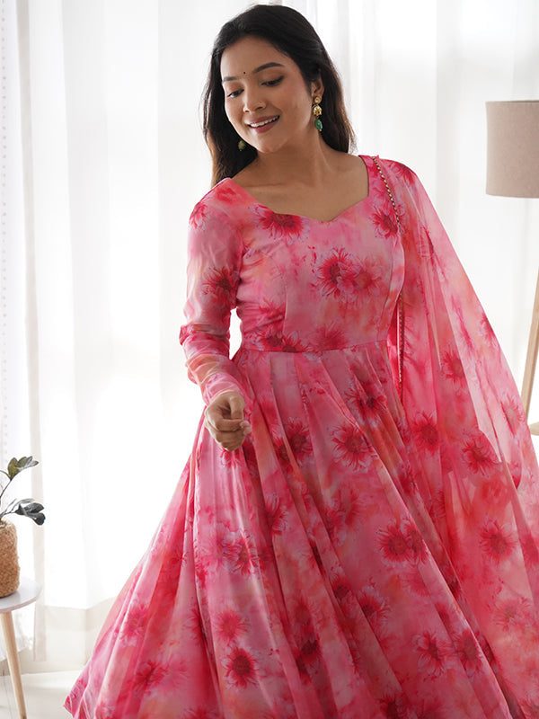 Light Pink Organza Printed Anarkali Kurti With Pant & Dupatta Set