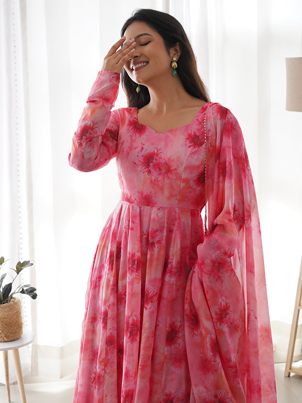 Light Pink Organza Printed Anarkali Kurti With Pant & Dupatta Set