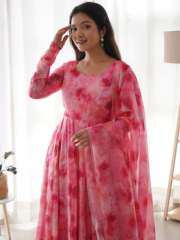 Light Pink Organza Printed Anarkali Kurti With Pant & Dupatta Set