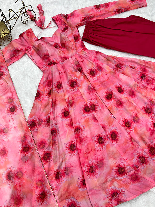 Light Pink Organza Printed Anarkali Kurti With Pant & Dupatta Set