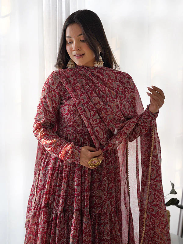 Layered Maroon Printed Anarkali Gown With Pant & Dupatta Set