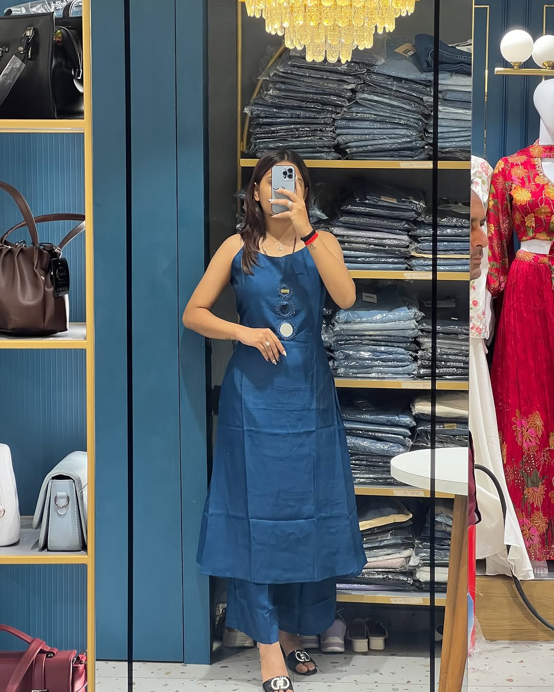 Spaghetti Strap Mirror Exclusive Hand Embroidered Kurti Pent Pair