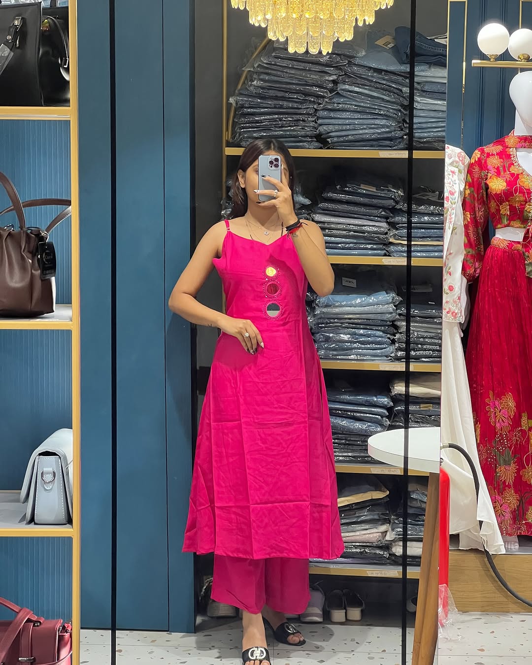 Spaghetti Strap Mirror Exclusive Hand Embroidered Kurti Pent Pair