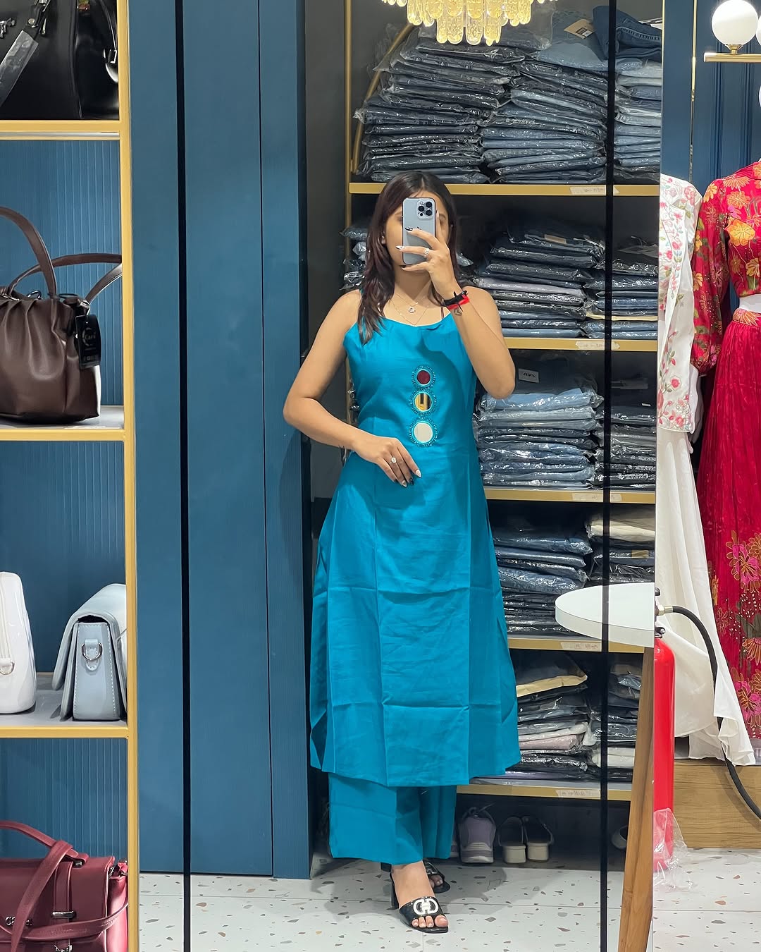 Spaghetti Strap Mirror Exclusive Hand Embroidered Kurti Pent Pair