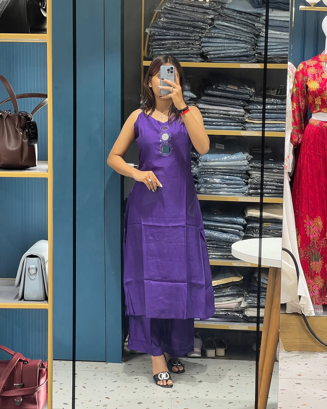 Spaghetti Strap Mirror Exclusive Hand Embroidered Kurti Pent Pair