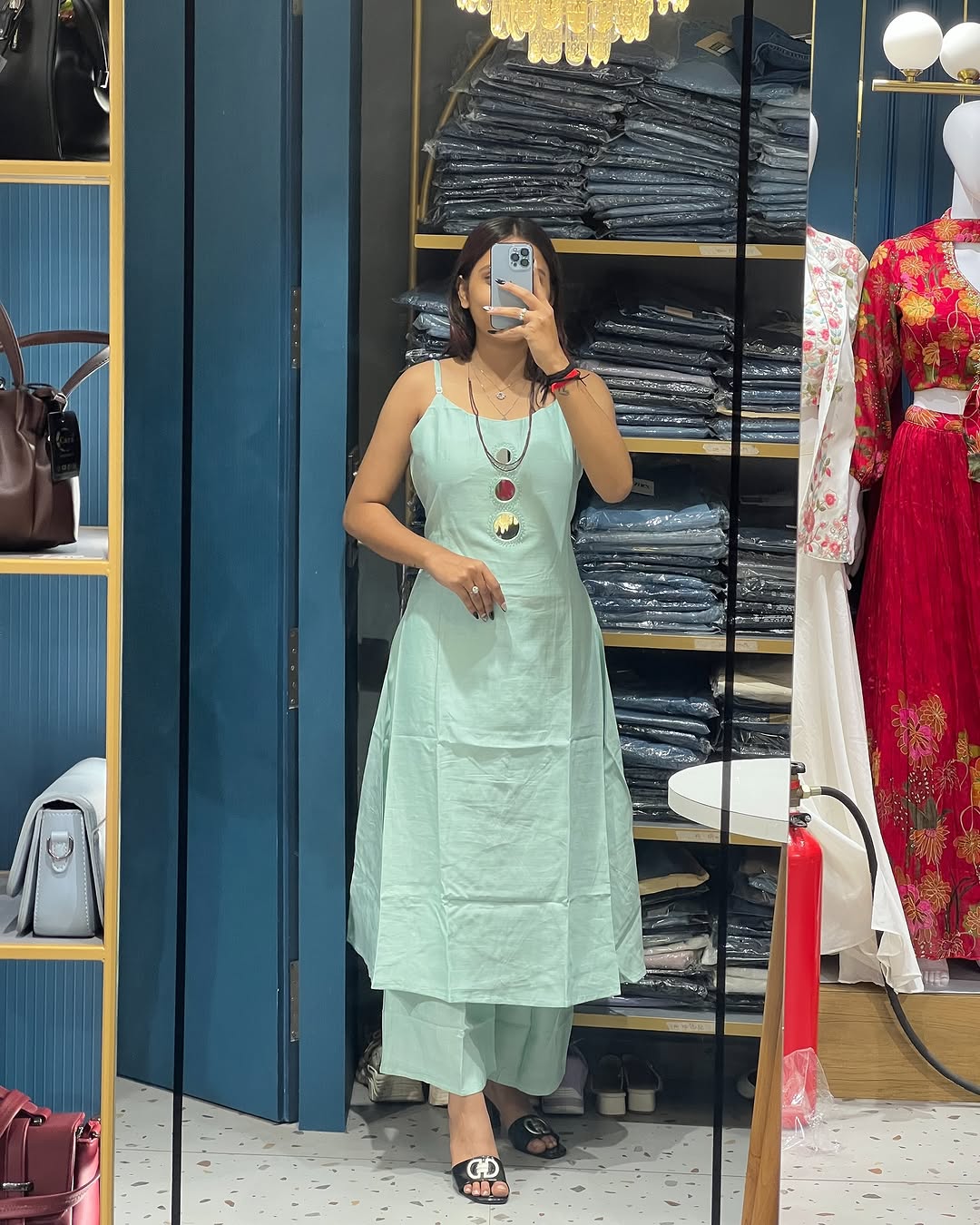 Spaghetti Strap Mirror Exclusive Hand Embroidered Kurti Pent Pair