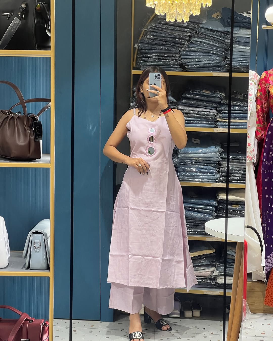 Spaghetti Strap Mirror Exclusive Hand Embroidered Kurti Pent Pair