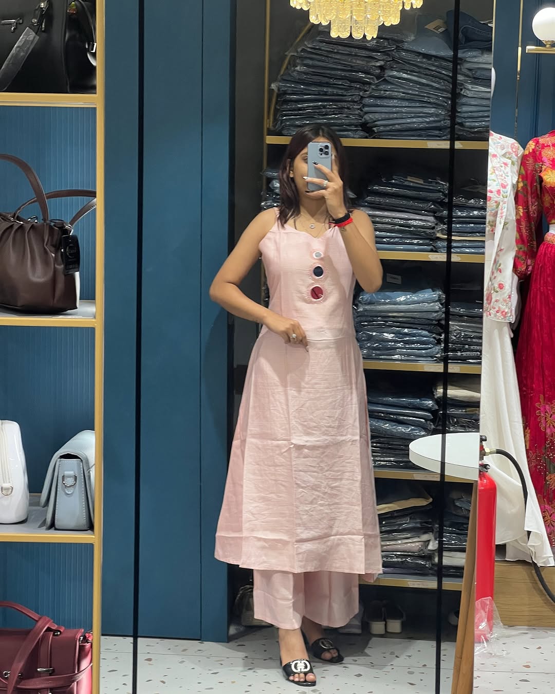 Spaghetti Strap Mirror Exclusive Hand Embroidered Kurti Pent Pair