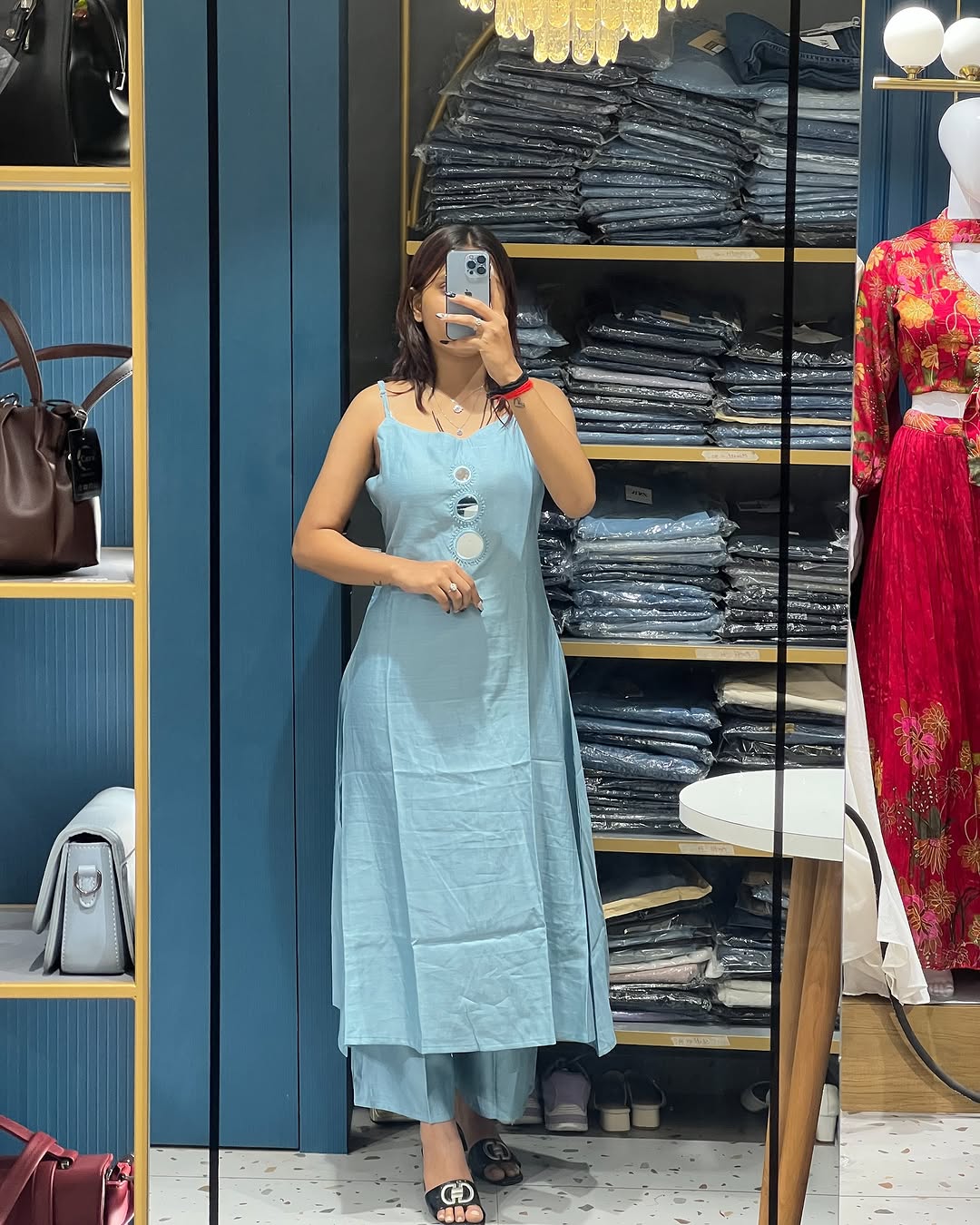 Spaghetti Strap Mirror Exclusive Hand Embroidered Kurti Pent Pair