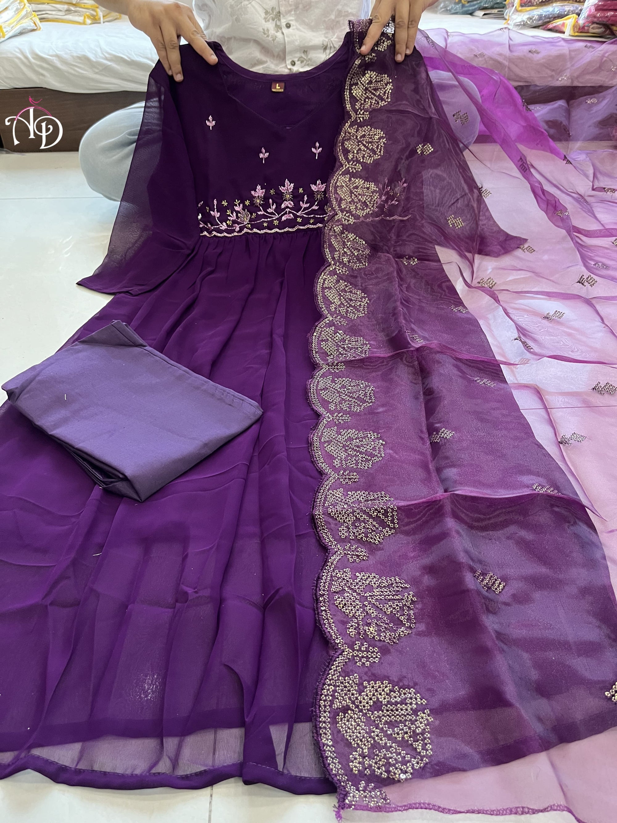 Wine Embroidered Long Flared Kurta Set with Dupatta