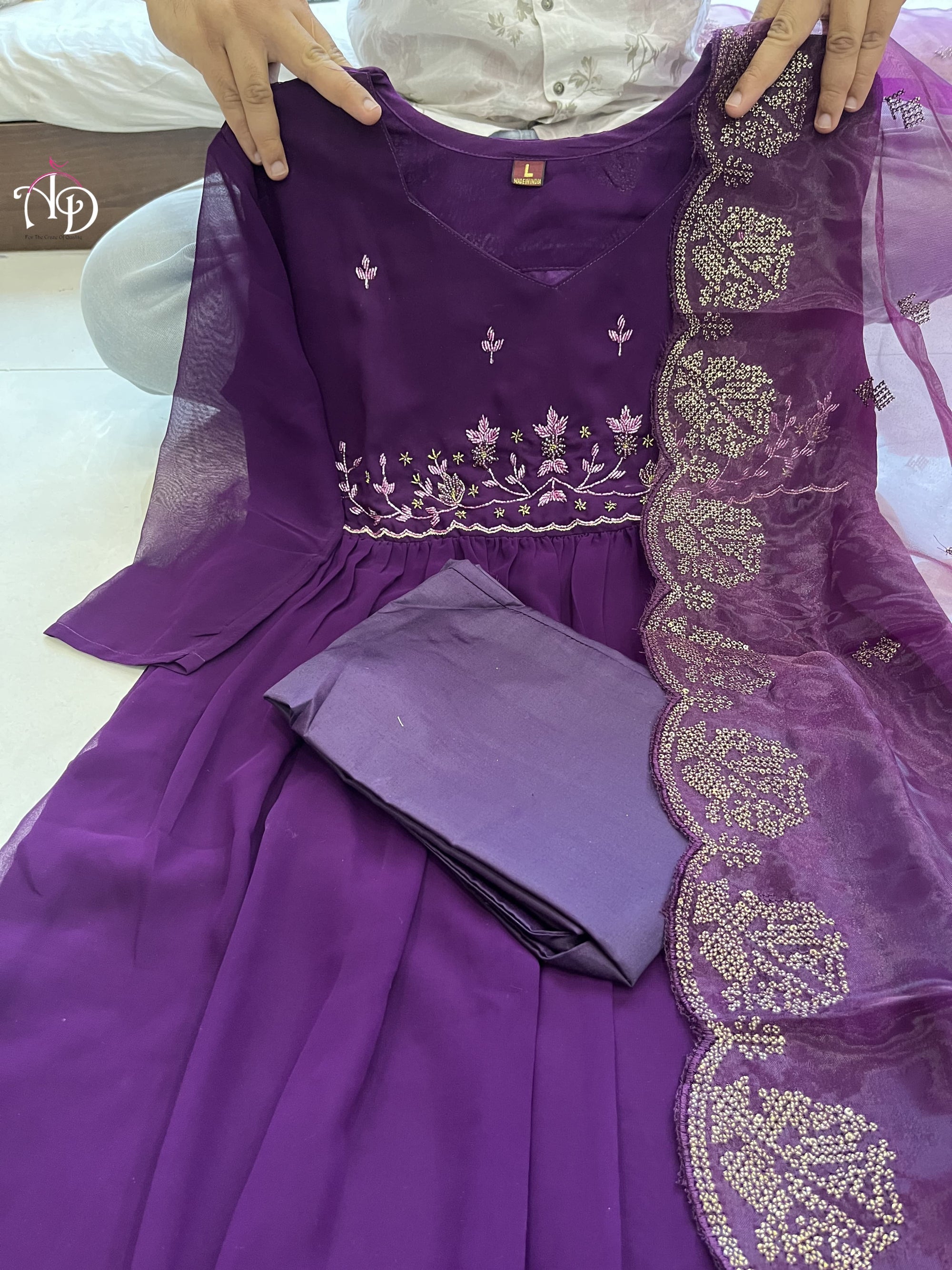 Wine Embroidered Long Flared Kurta Set with Dupatta
